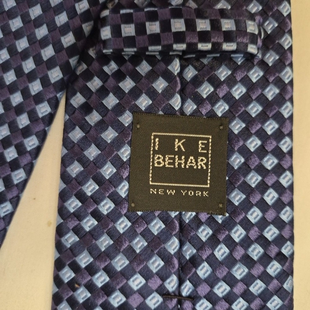IKE Behar Seven Fold Mens Tie Blue Purple Diamond Check Silk USA 7 Fold Necktie - Picture 3 of 7